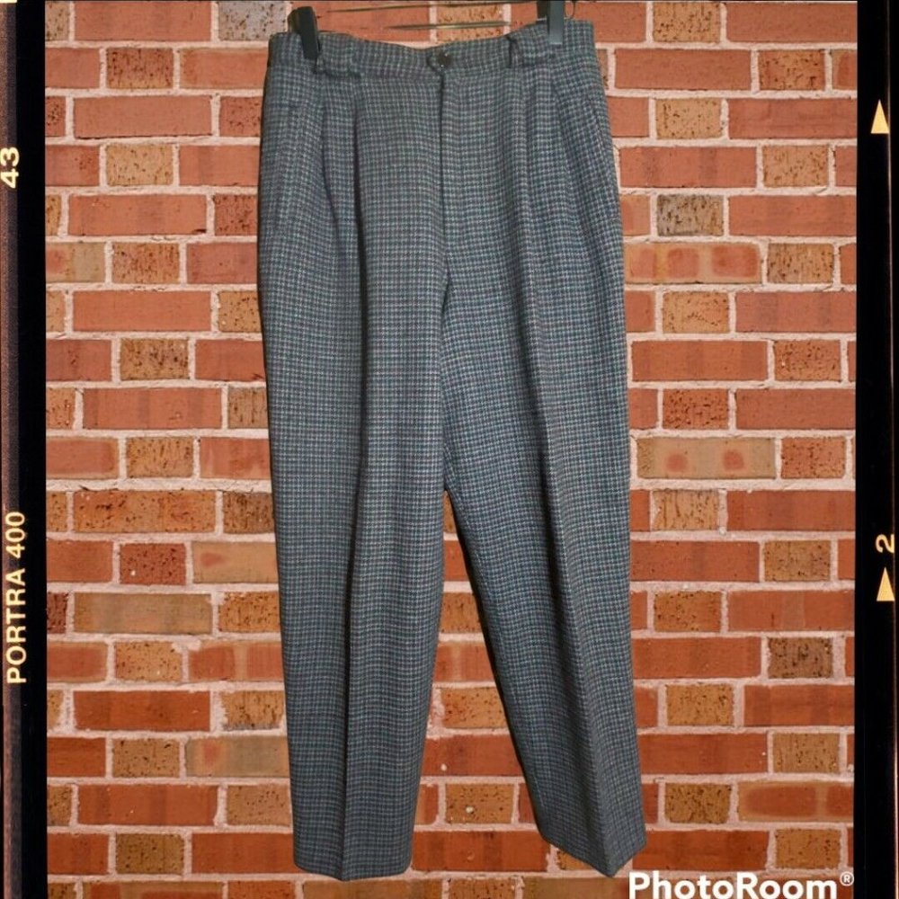 Vintage High Waist Wool Blend Houndstooth Pleated Pants Gray Black Burgundy M